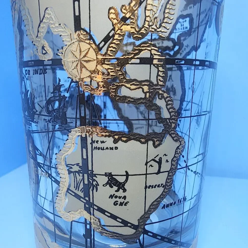 Vintage Cera Atlas Old World Map Highball Glasses 22K Gold Mid Century Modern